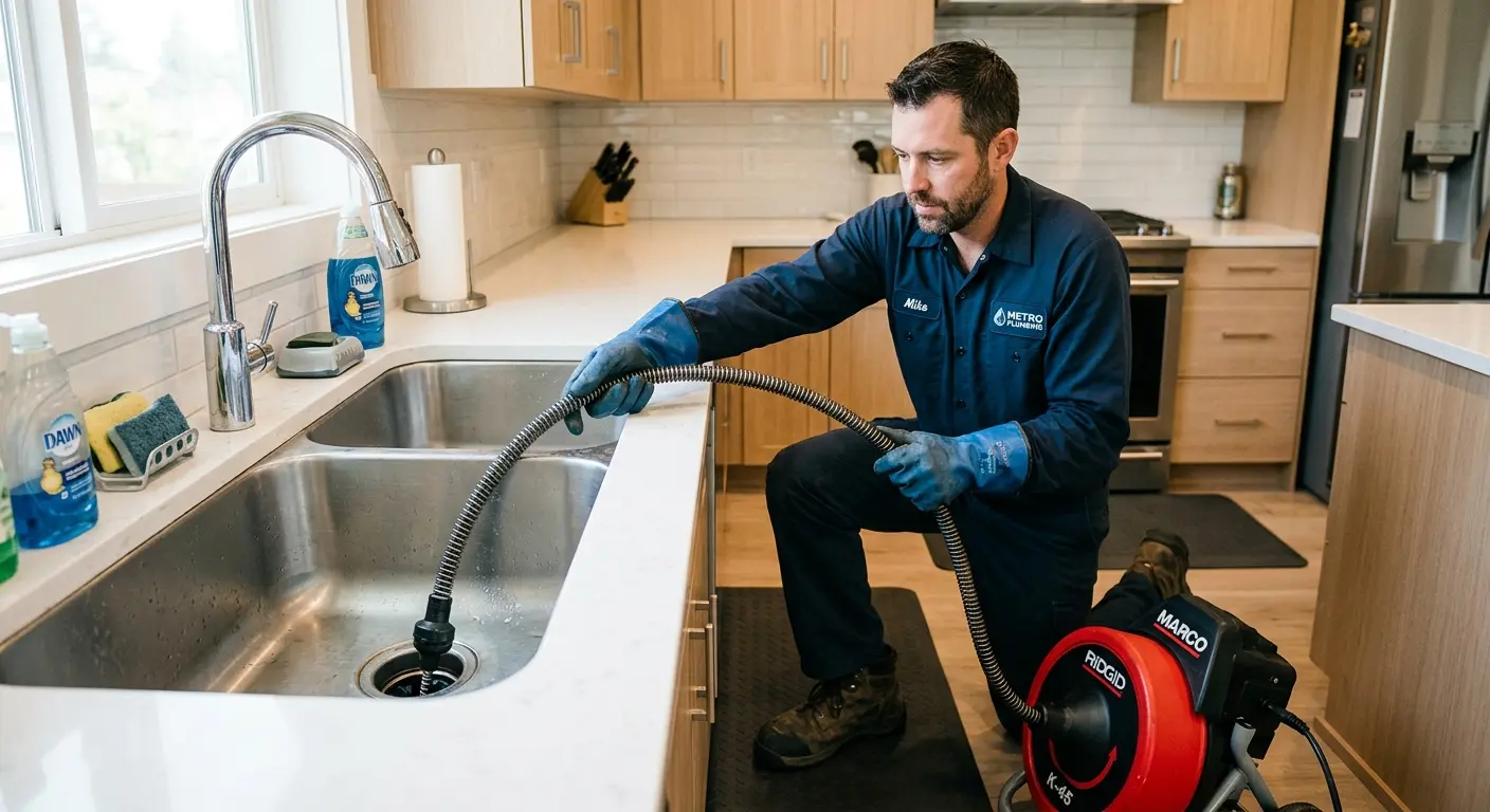 Drain cleaning technician using a motorized snake on a kitchen sink in Templeton