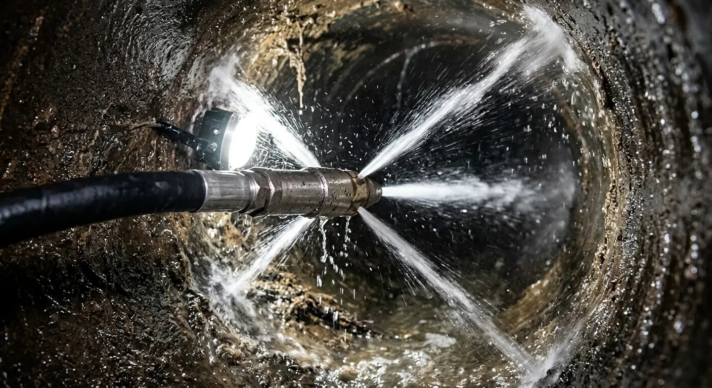 High-pressure hydro jetting nozzle cleaning sewer pipe for Sewer Cleanout in Templeton